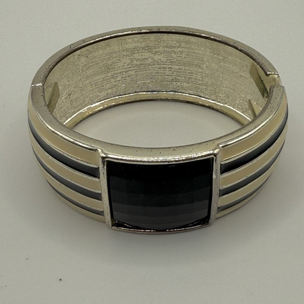 Vintage Black Cream Enamel Hinge Bracelet‎ Cuff Striped Silver Tone 6.75”